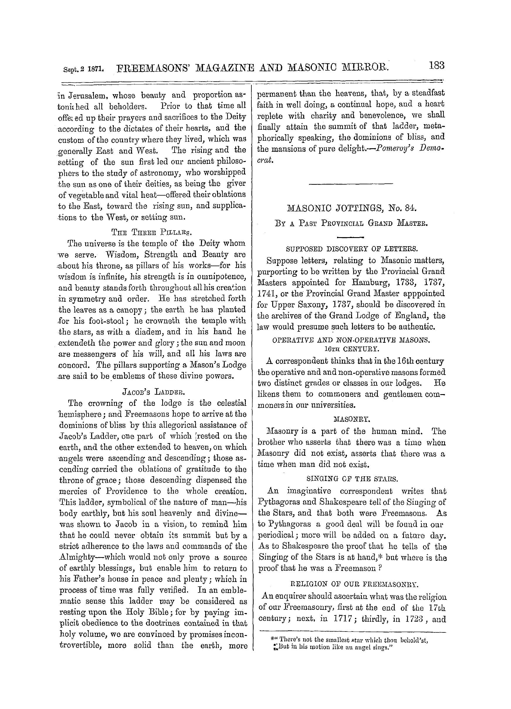 The Freemasons' Monthly Magazine: 1871-09-02 - The Mystic Beauties Of Freemasonry.