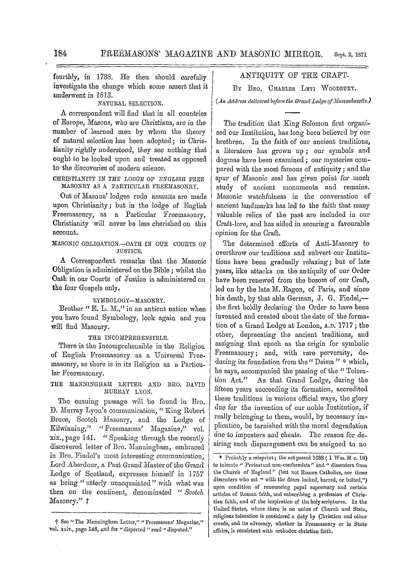 The Freemasons' Monthly Magazine: 1871-09-02 - Masonic Jottings, No. 84.