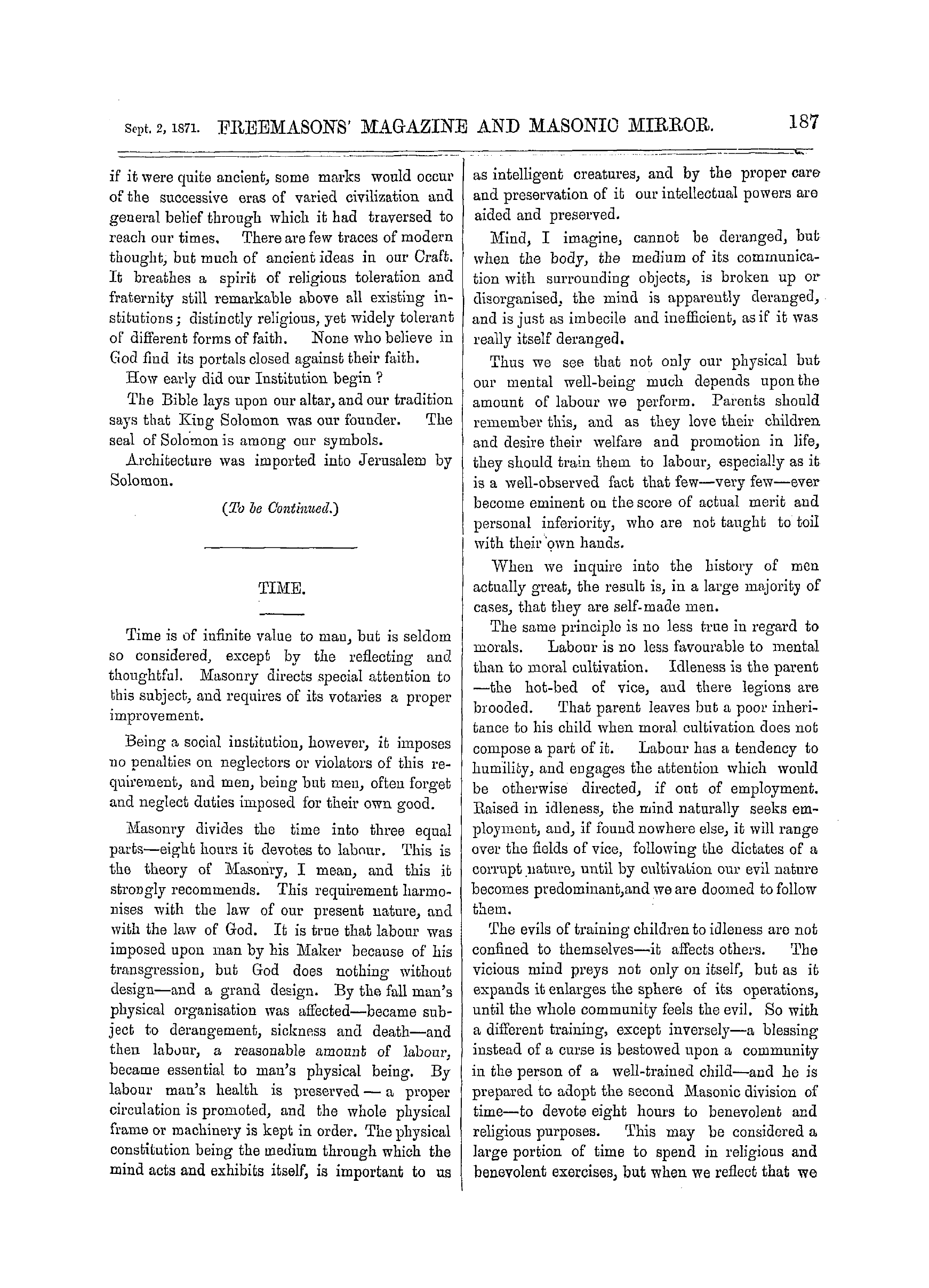 The Freemasons' Monthly Magazine: 1871-09-02 - Time.