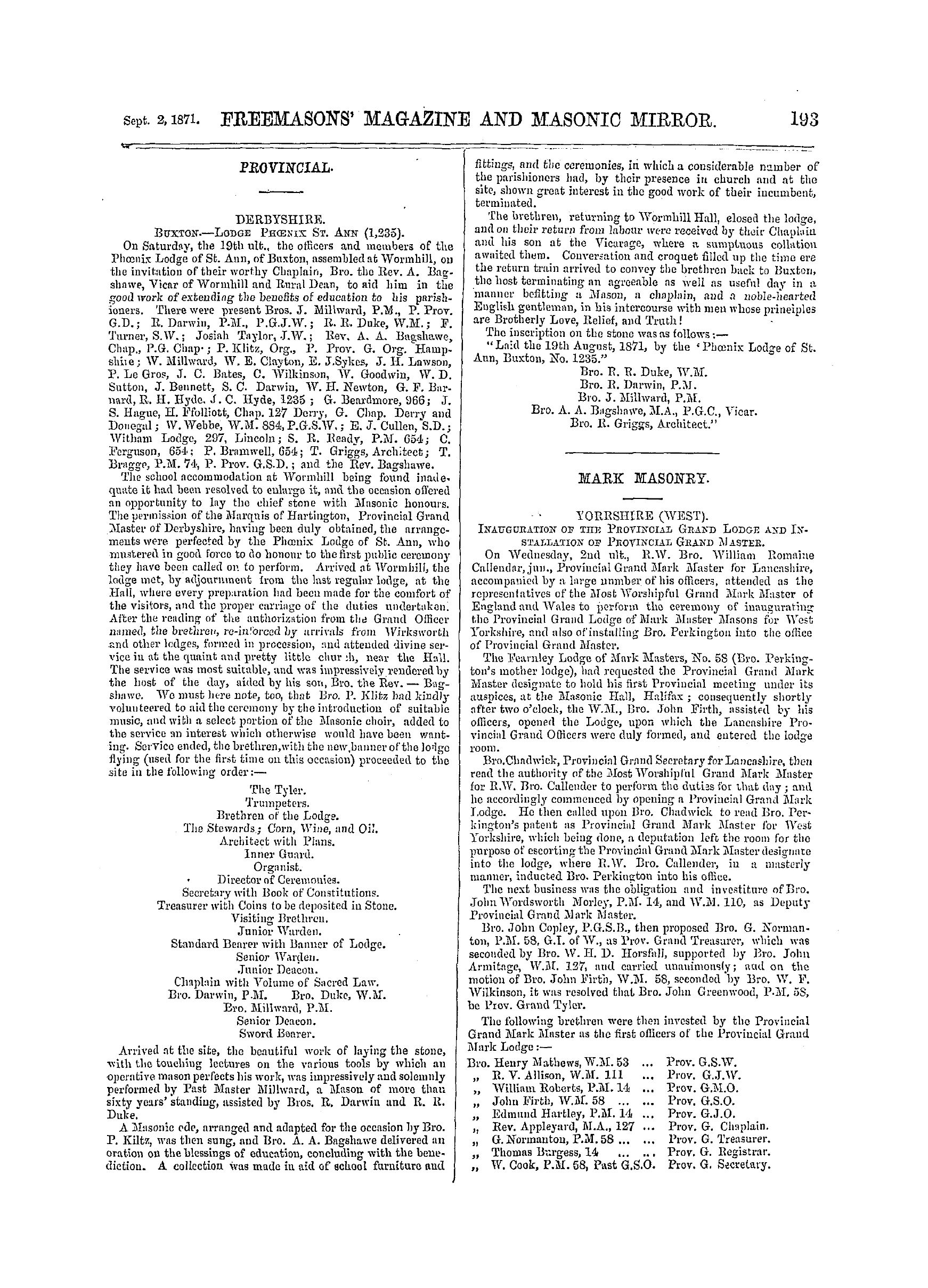 The Freemasons' Monthly Magazine: 1871-09-02 - Mark Masonry.