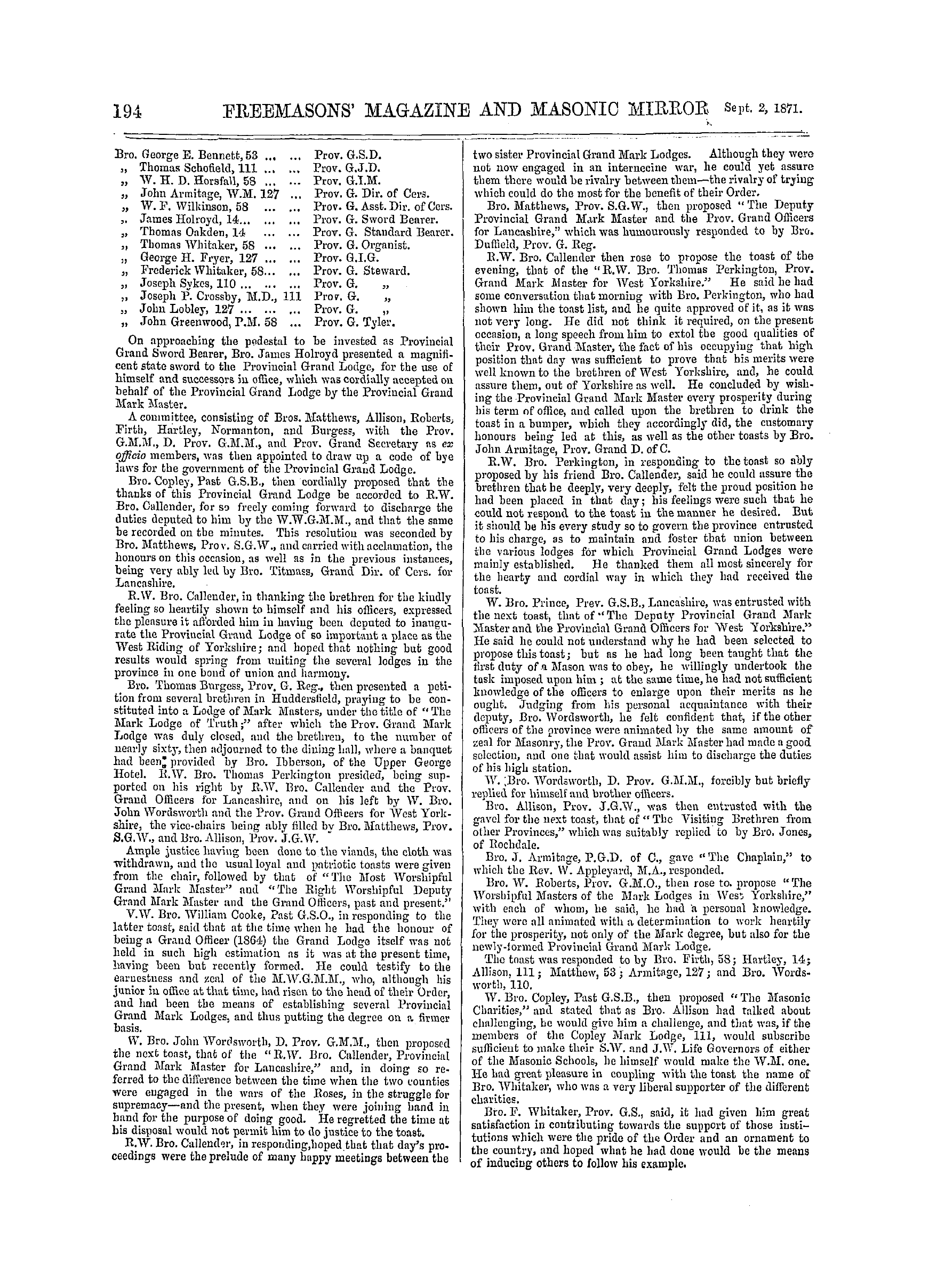 The Freemasons' Monthly Magazine: 1871-09-02 - Mark Masonry.