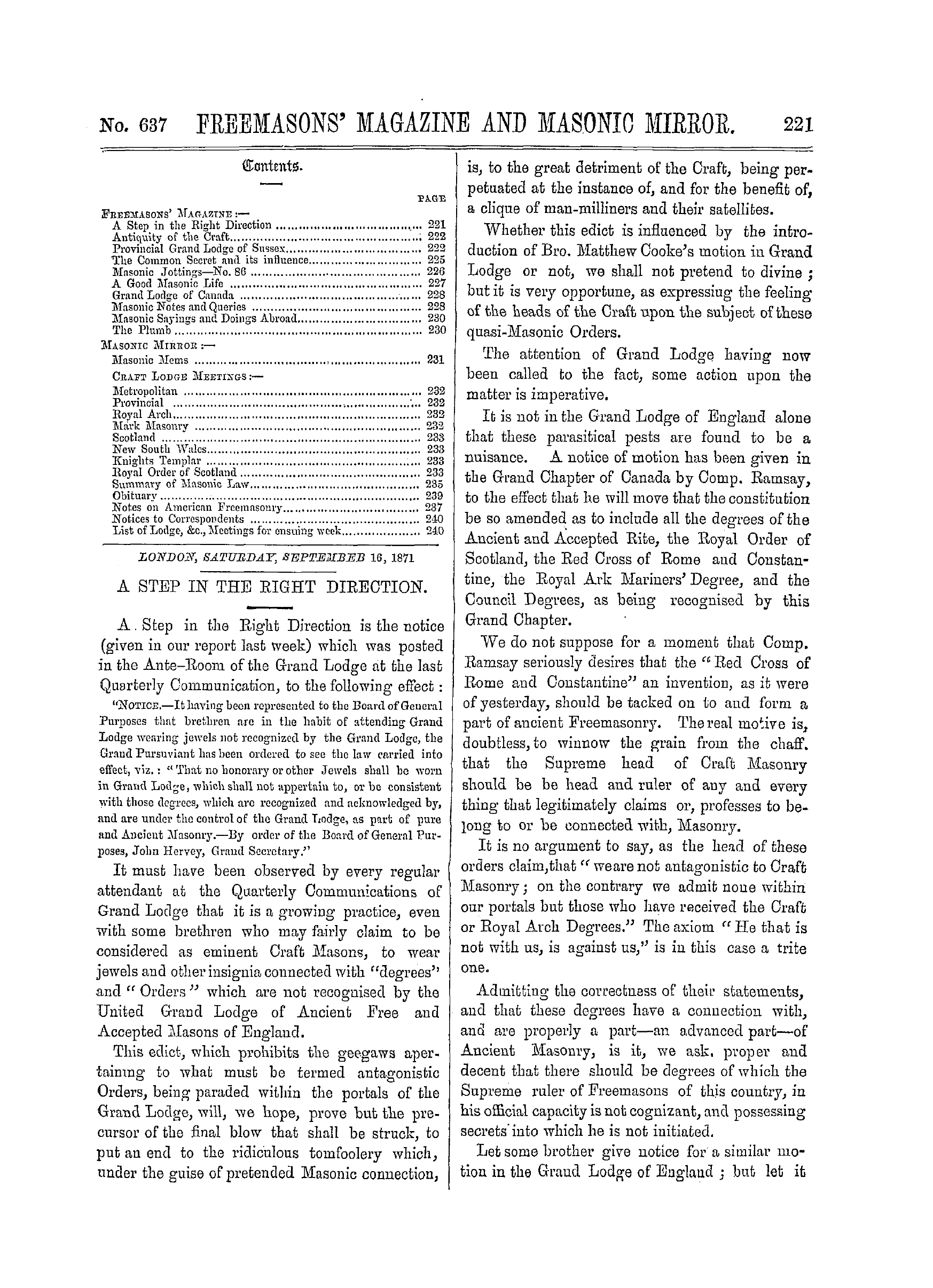 The Freemasons' Monthly Magazine: 1871-09-16 - A Step In The Right Direction.