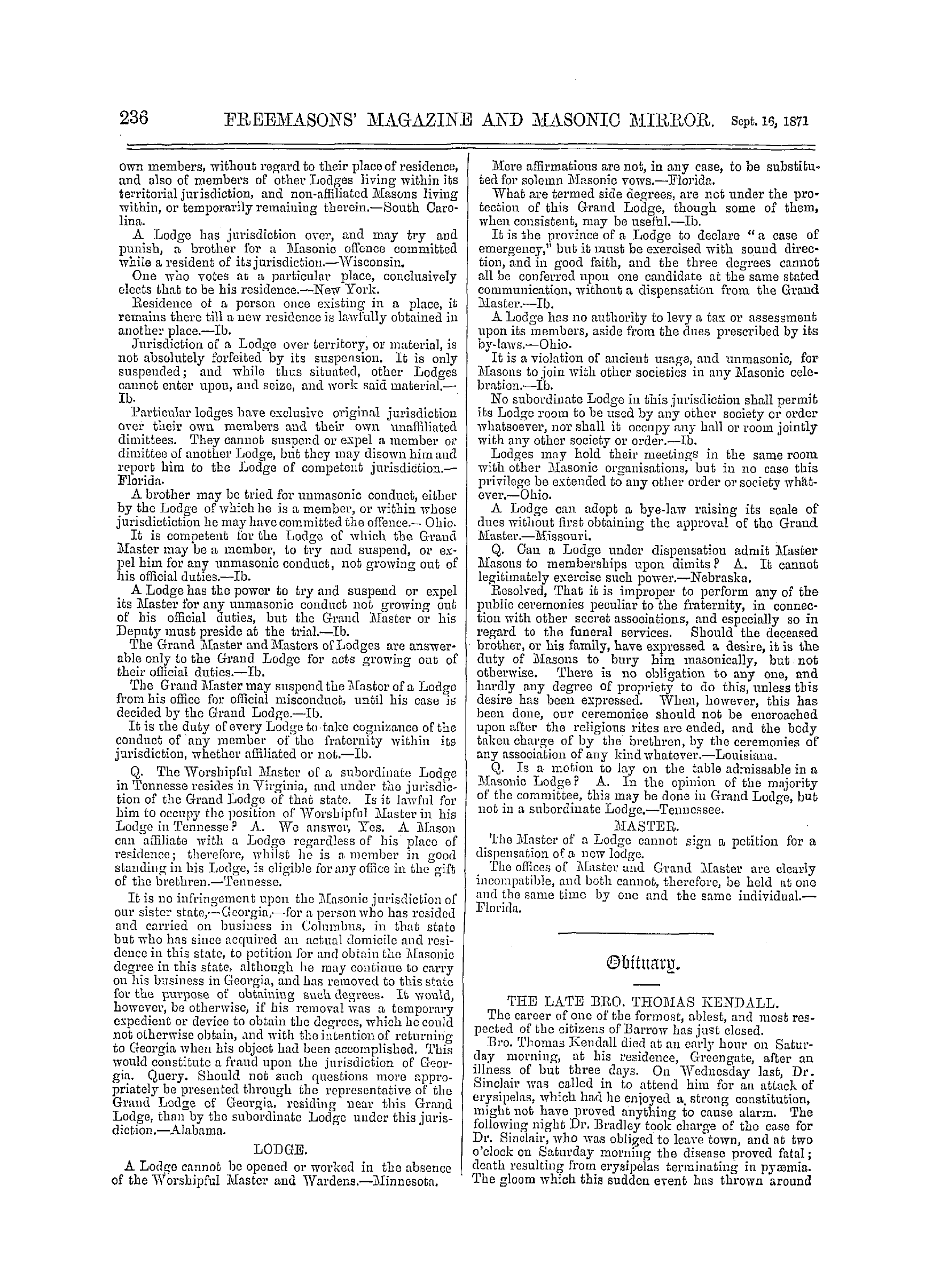 The Freemasons' Monthly Magazine: 1871-09-16 - Summary Of Masonic Law.