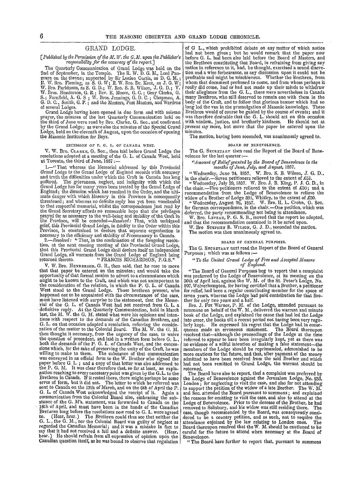 The Masonic Observer: 1857-09-20 - Grand Lodge.