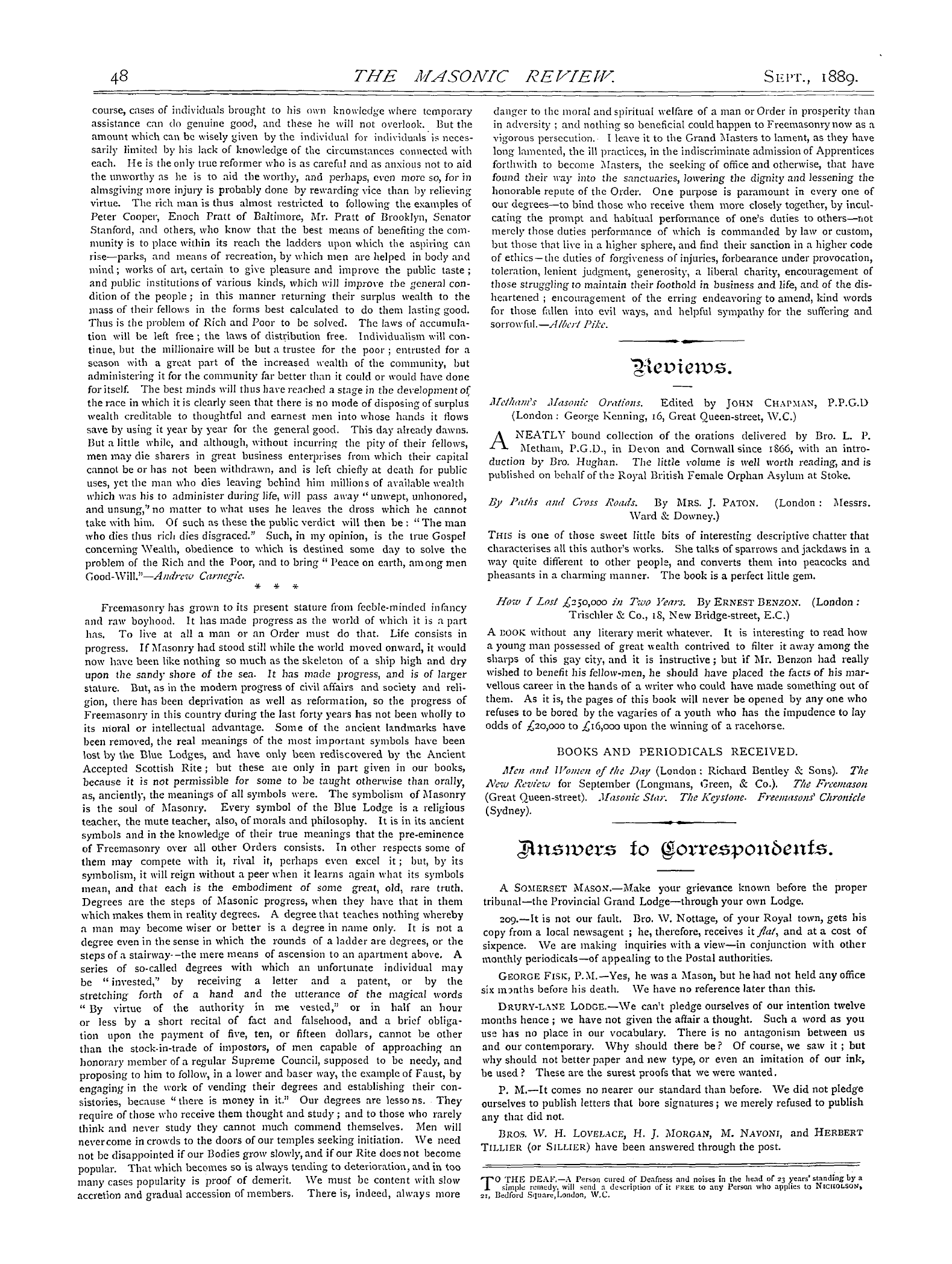 The Masonic Review: 1889-09-01 - Answers To Correspondents.