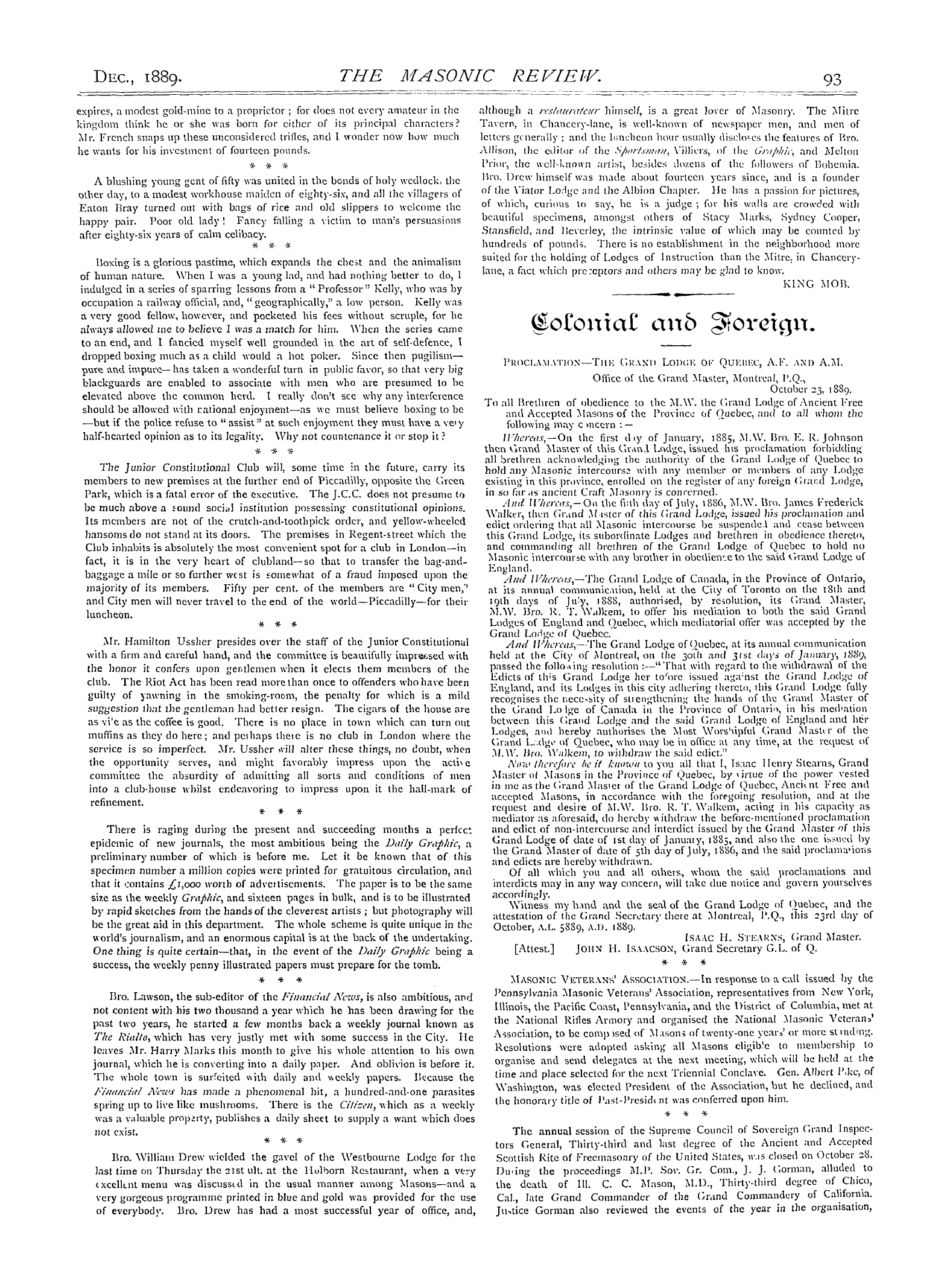 The Masonic Review: 1889-12-01 - Colonial And Foreign.