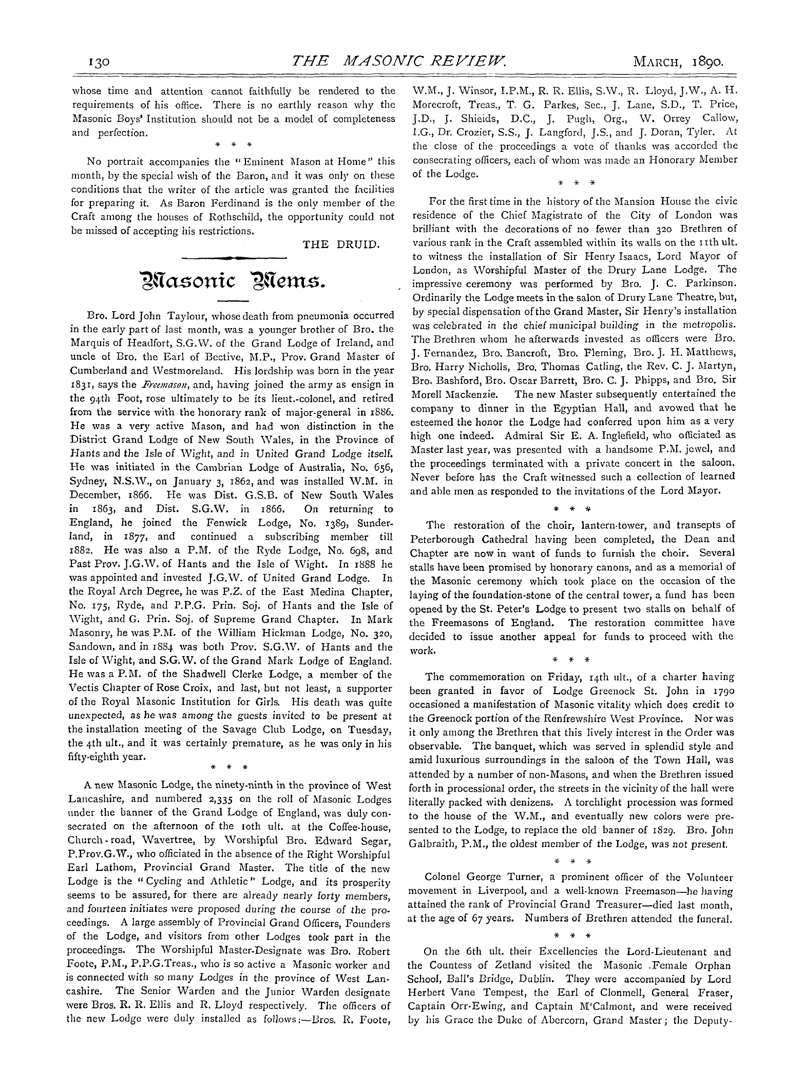 The Masonic Review: 1890-03-01 - Masonic Mems.