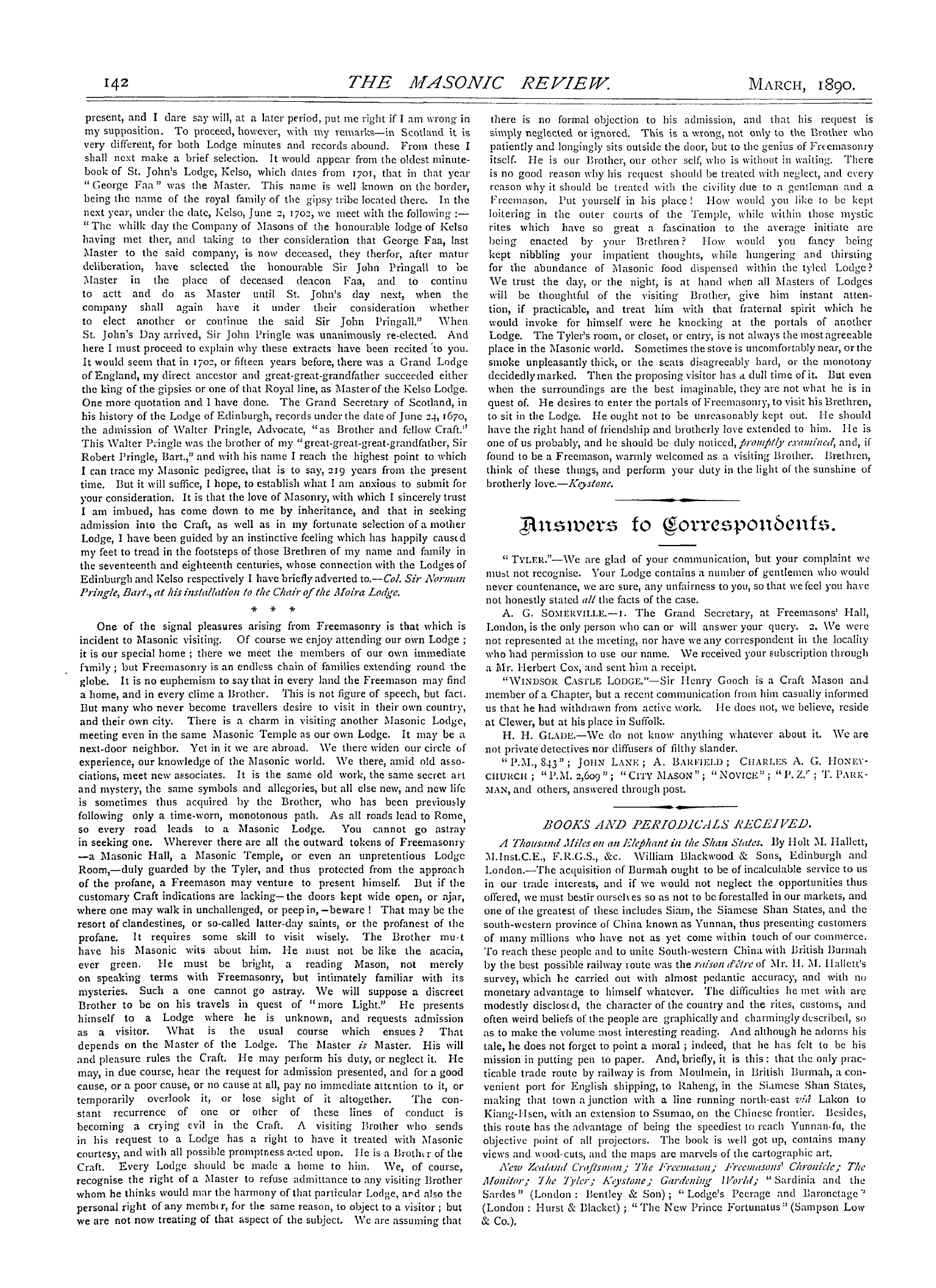 The Masonic Review: 1890-03-01 - Answers To Correspondents.