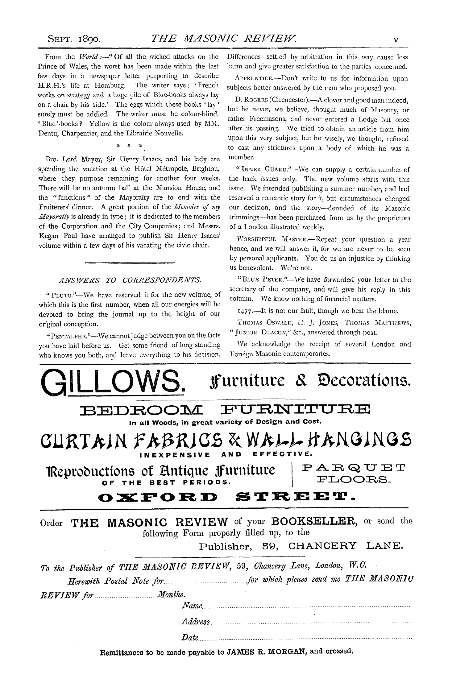 The Masonic Review: 1890-09-01 - Answers To Correspondents.