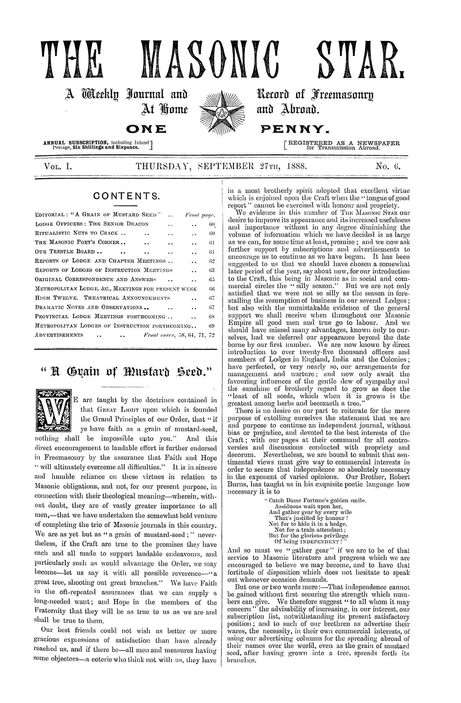 The Masonic Star: 1888-09-27 - "A Grain Of Mustard Seed."