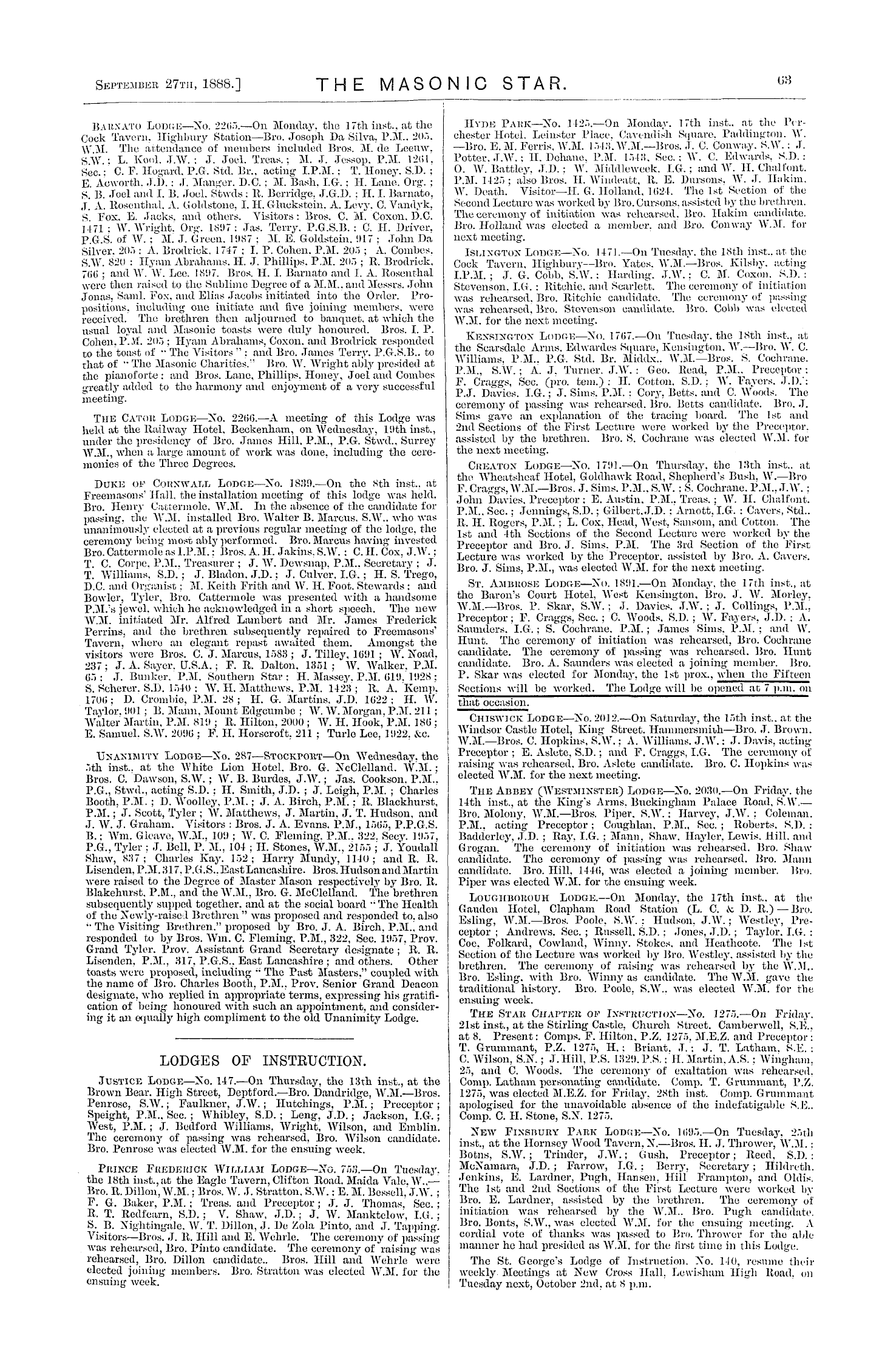 The Masonic Star: 1888-09-27 - Reports Of Lodge & Chapter Meetings.