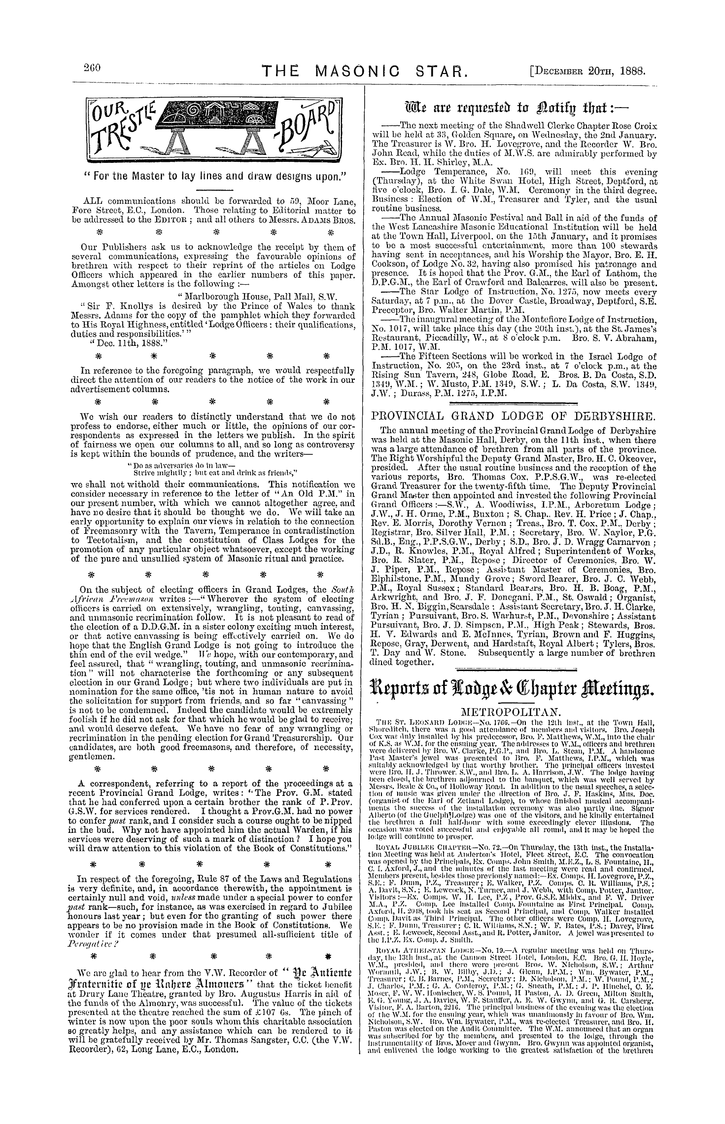 The Masonic Star: 1888-12-20 - We Are Requested To Notify That :-