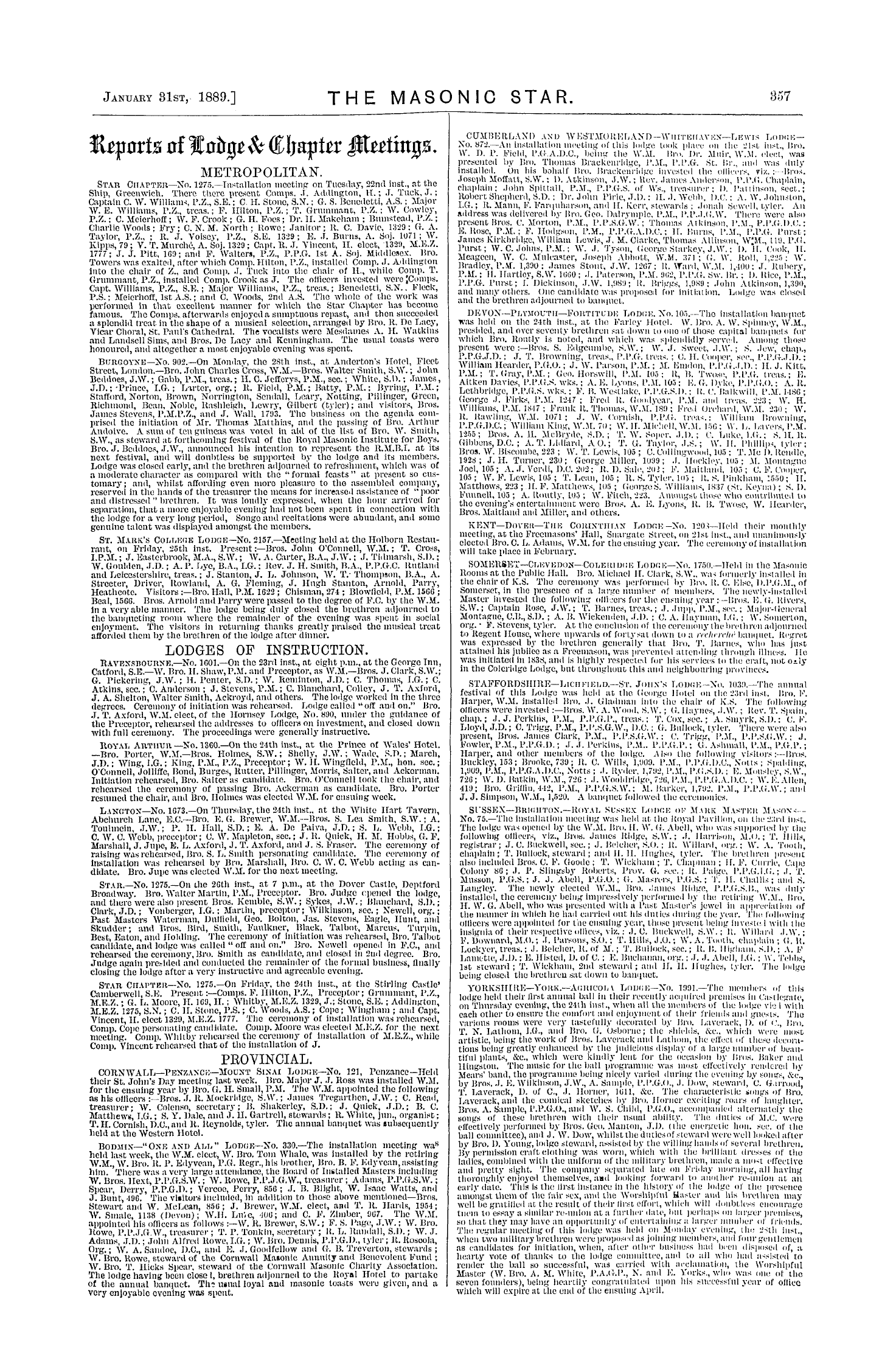 The Masonic Star: 1889-01-31 - Reports Of Lodge & Chapter Meetings.