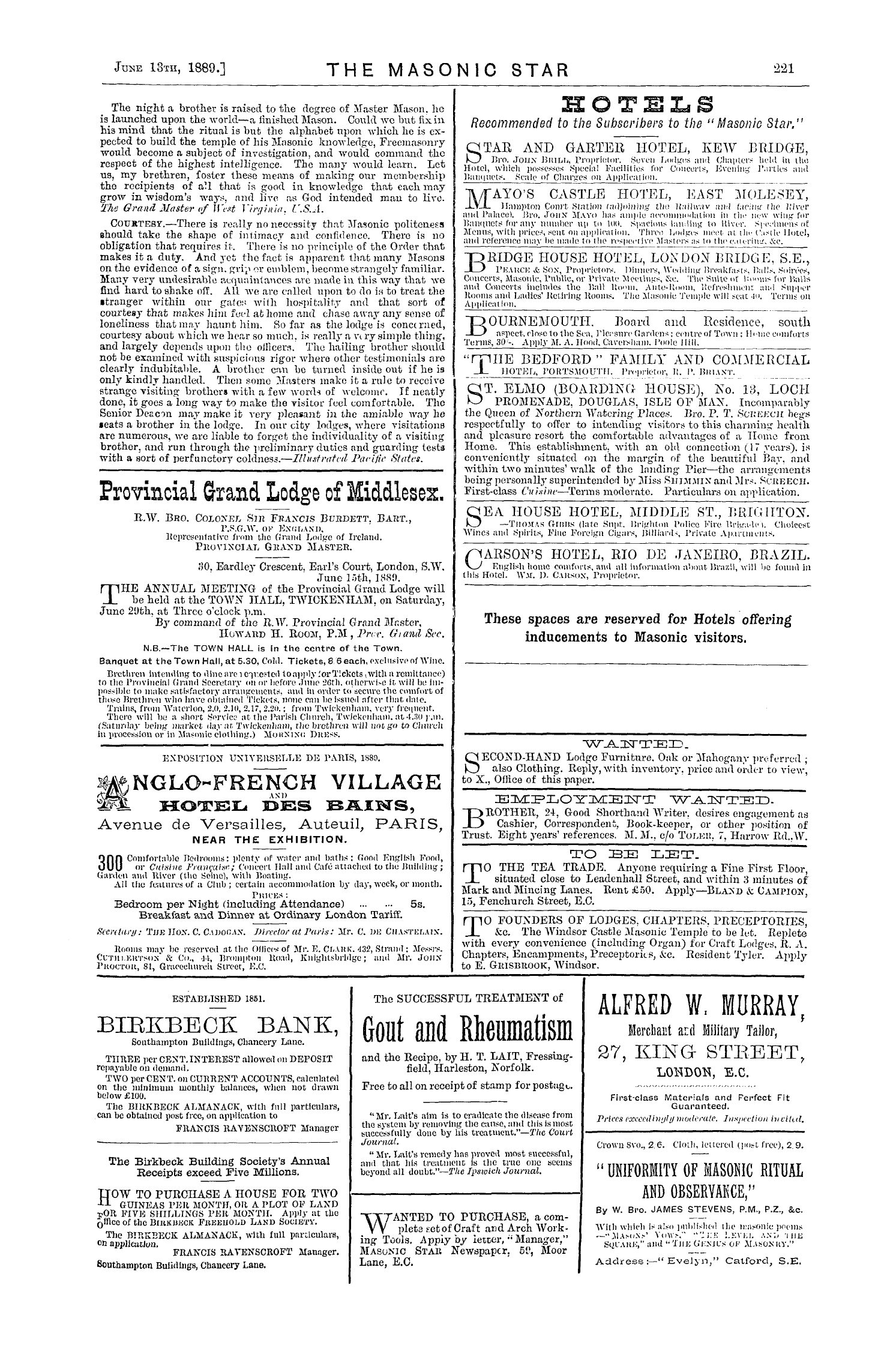 The Masonic Star: 1889-06-13 - Ad00717