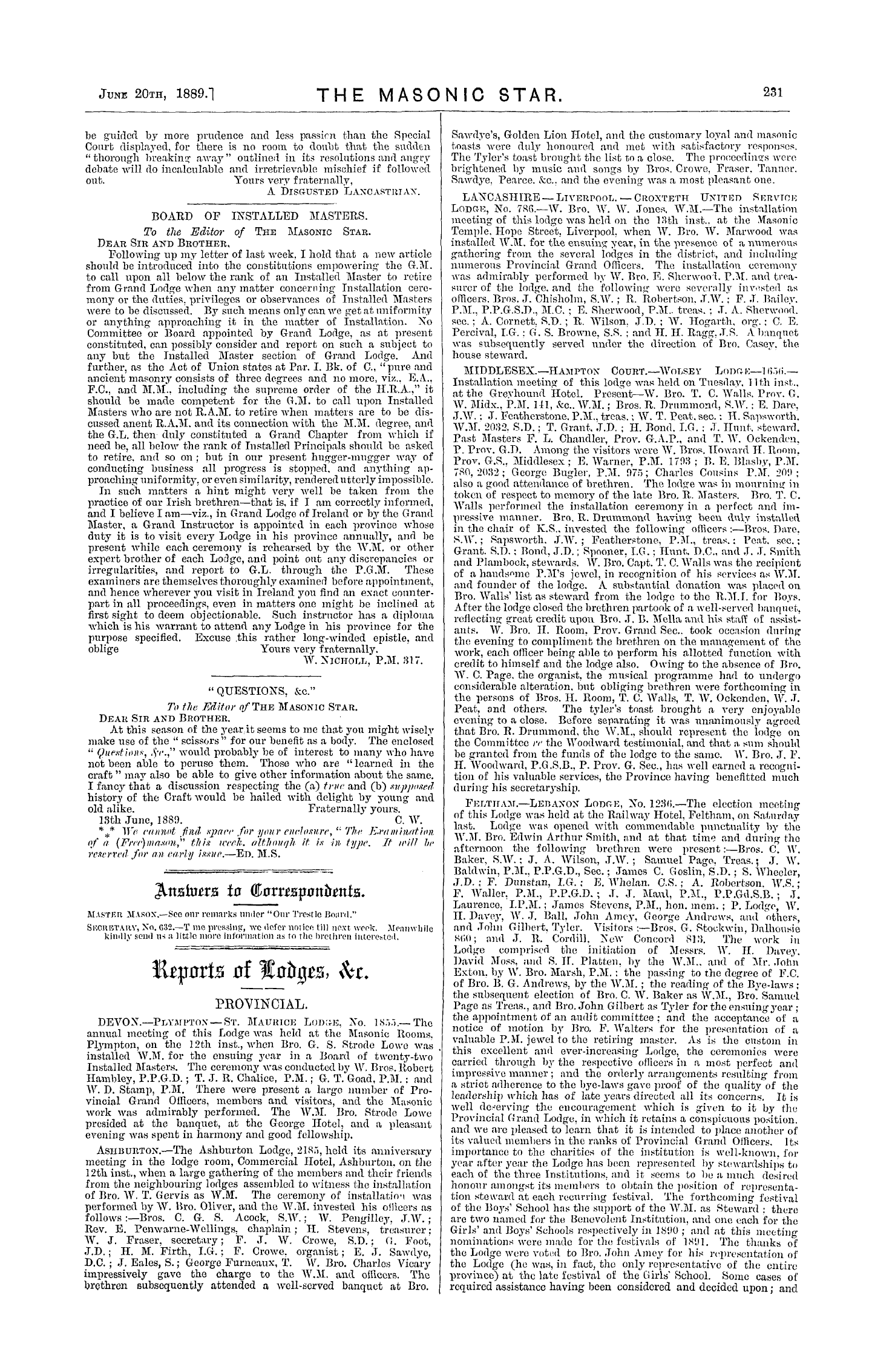 The Masonic Star: 1889-06-20 - Reports Of Lodges, &C.