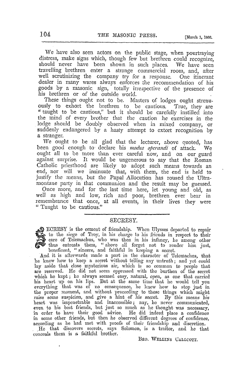 The Masonic Press: 1866-03-01 - "Taught To Be Cautious."